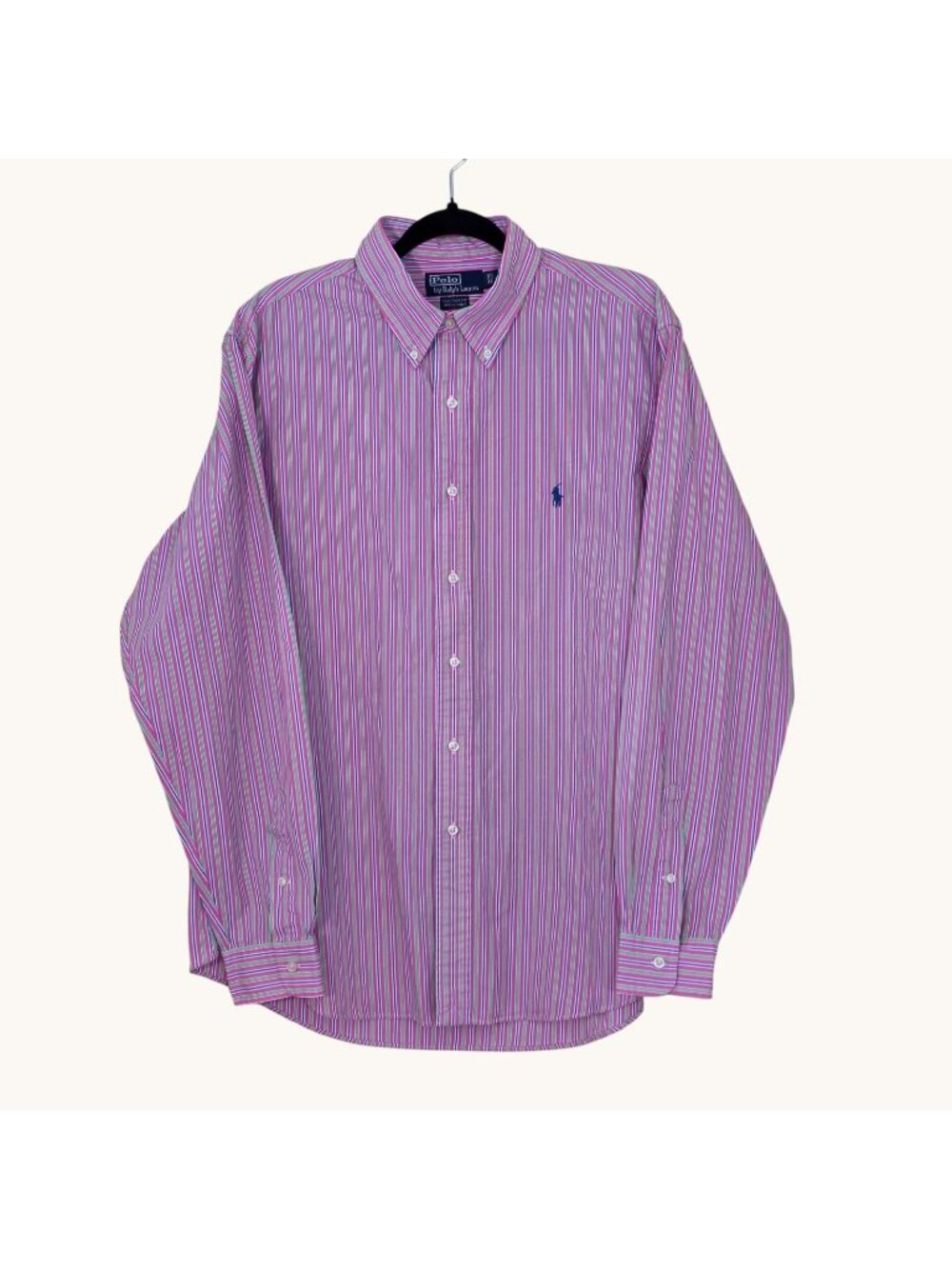 Ralph Lauren Shirt Men 17.5 44 Pink Multi Striped LS Pony Buttons Classic Cotton
